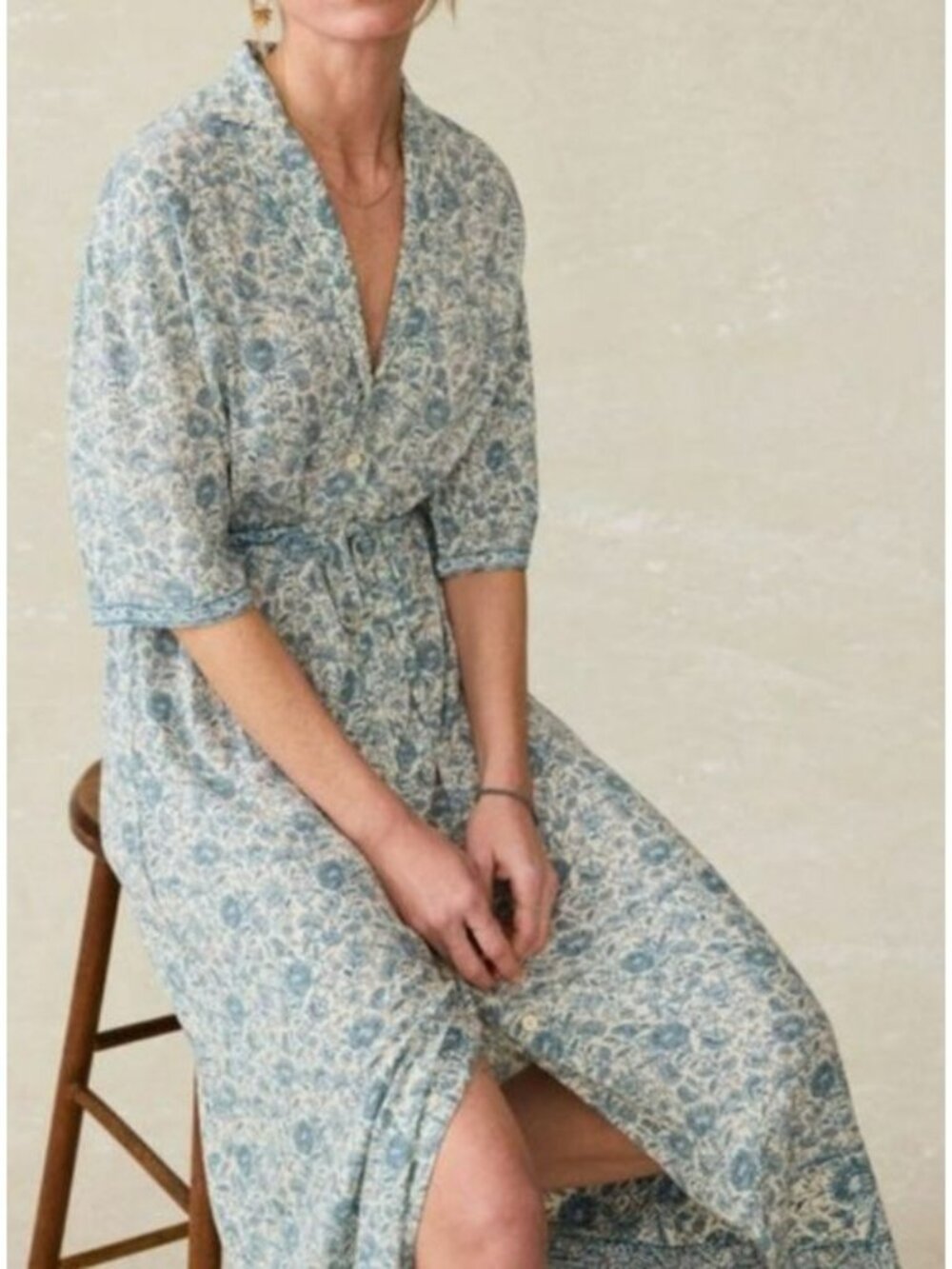 Faherty Womens Blue & White Floral Button-Down Midi Dress Tie Waist XS